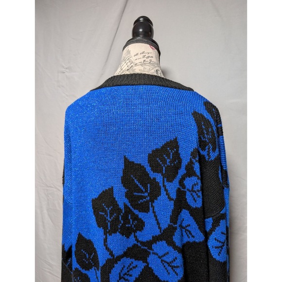 Arielle Women's VTG 80s 90s Blue Black Leaf Print Metallic Lurex Knit Sweater - Picture 6 of 8